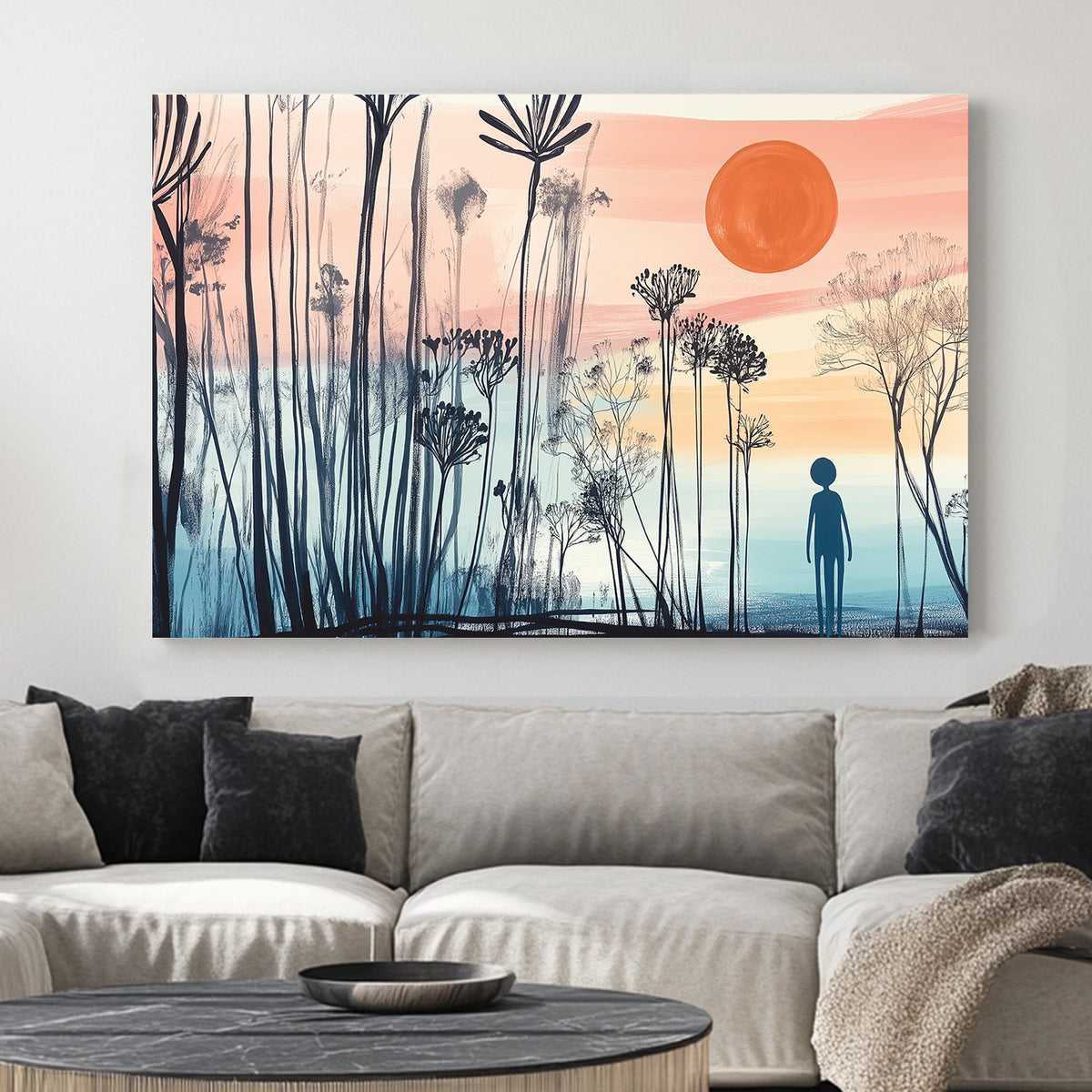 Minimalist landscape wall art of a silhouetted figure standing among abstract tall plants, with a pastel sunset in the background.