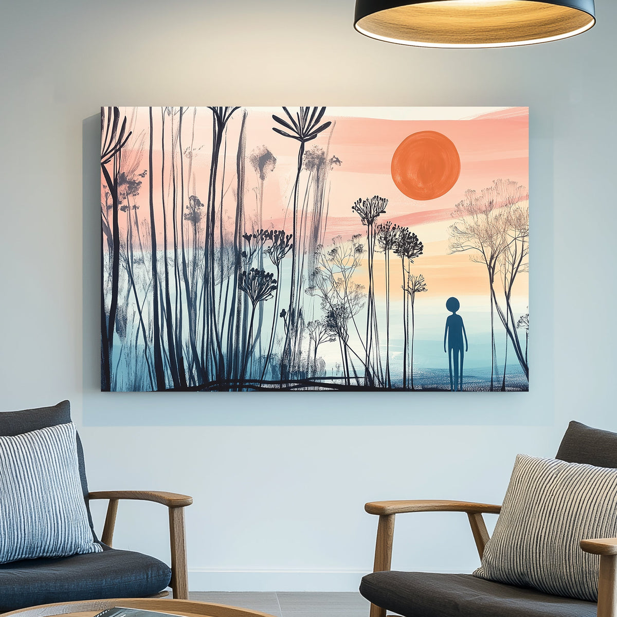 Minimalist landscape wall art of a silhouetted figure standing among abstract tall plants, with a pastel sunset in the background.