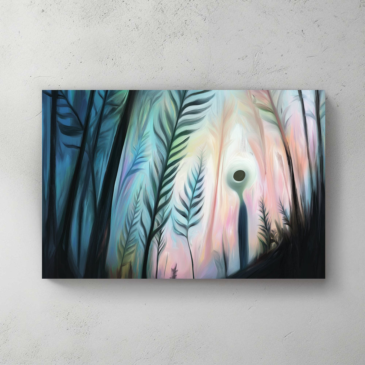 Dreamlike wall art of a glowing figure standing among tall abstract plants, with a mystical pastel-lit background.