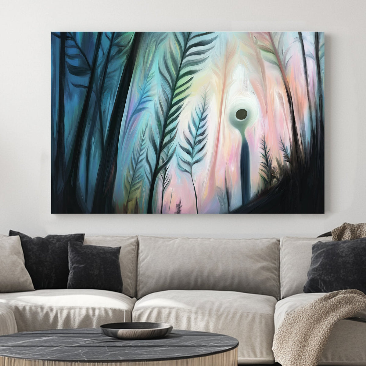 Dreamlike wall art of a glowing figure standing among tall abstract plants, with a mystical pastel-lit background.