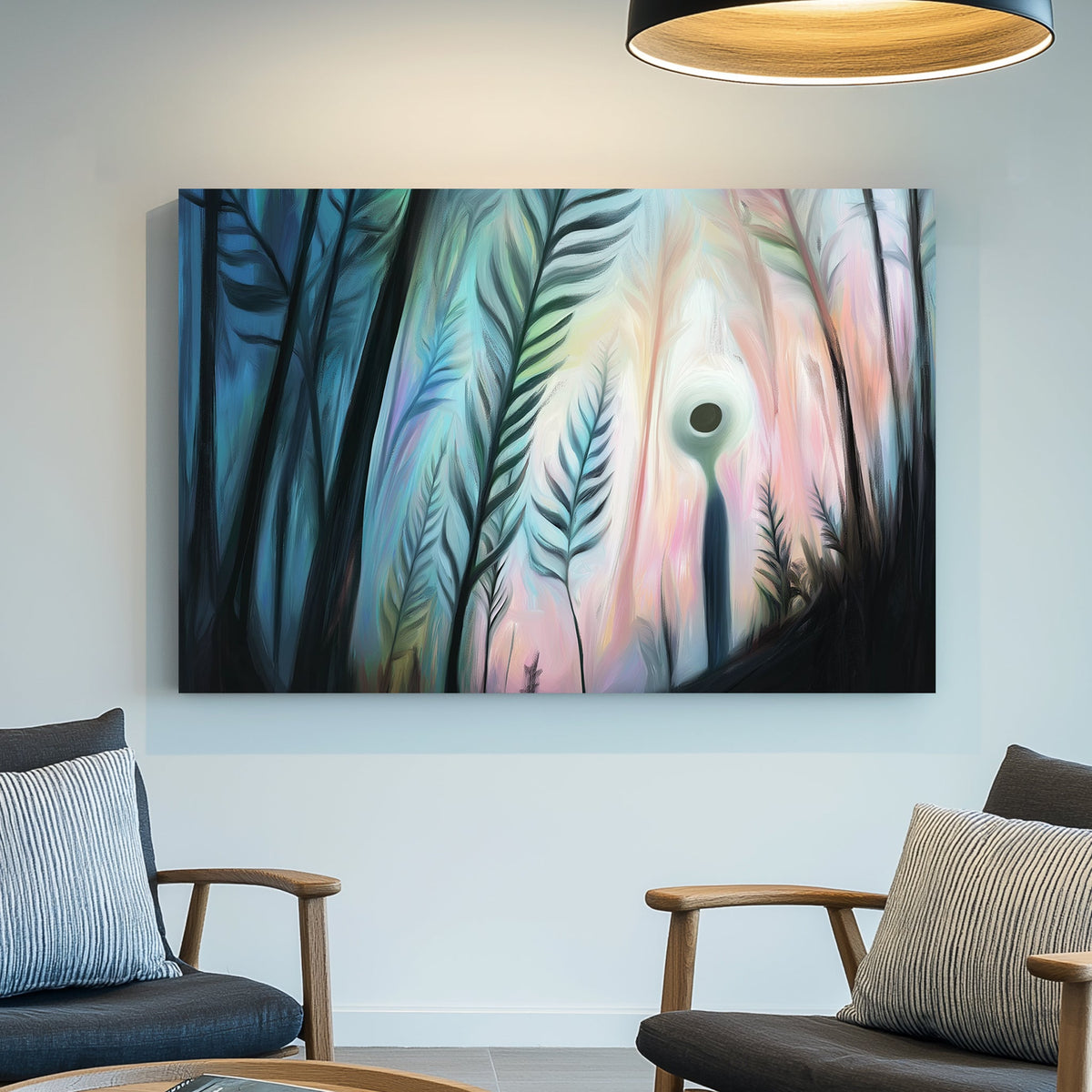 Dreamlike wall art of a glowing figure standing among tall abstract plants, with a mystical pastel-lit background.