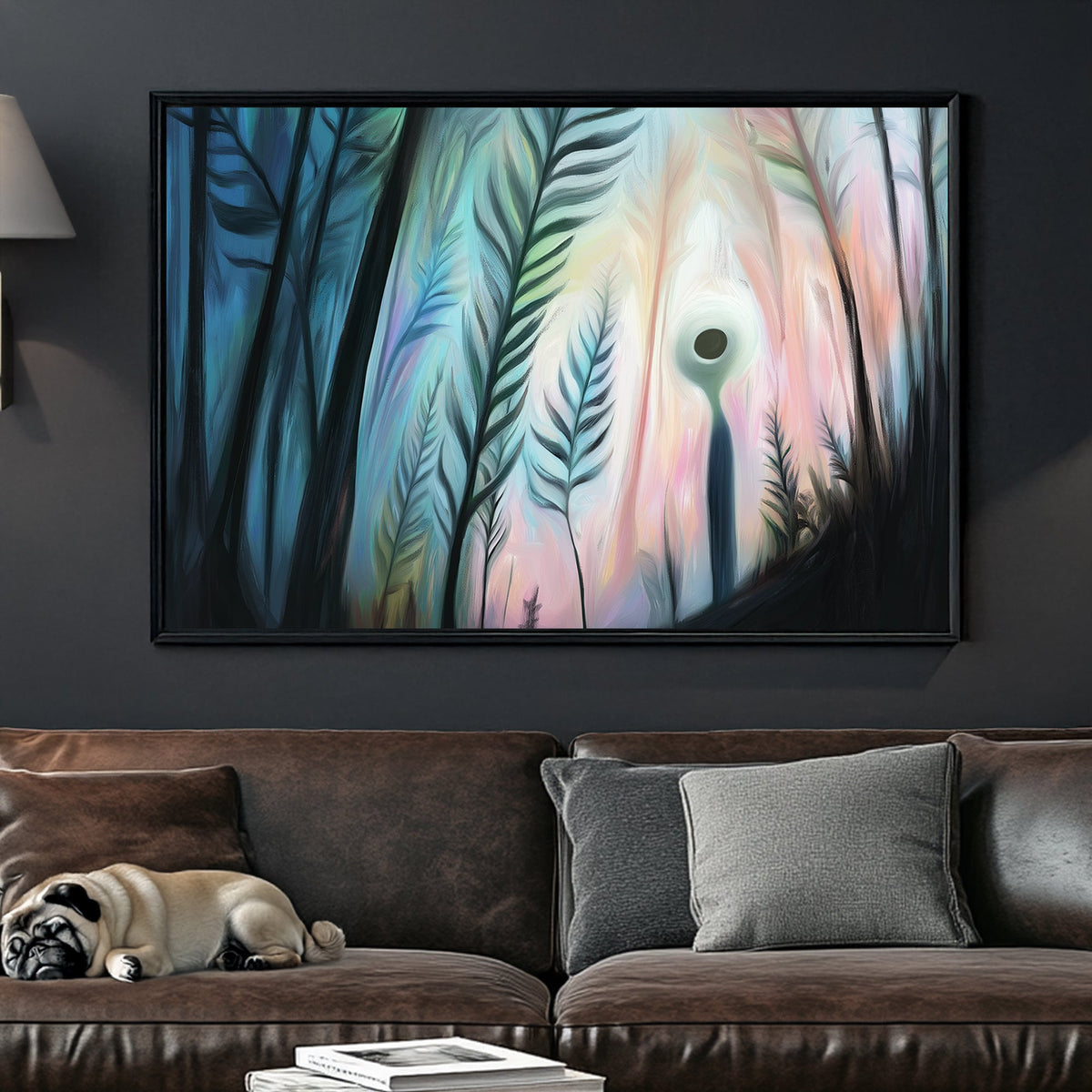 Dreamlike wall art of a glowing figure standing among tall abstract plants, with a mystical pastel-lit background.