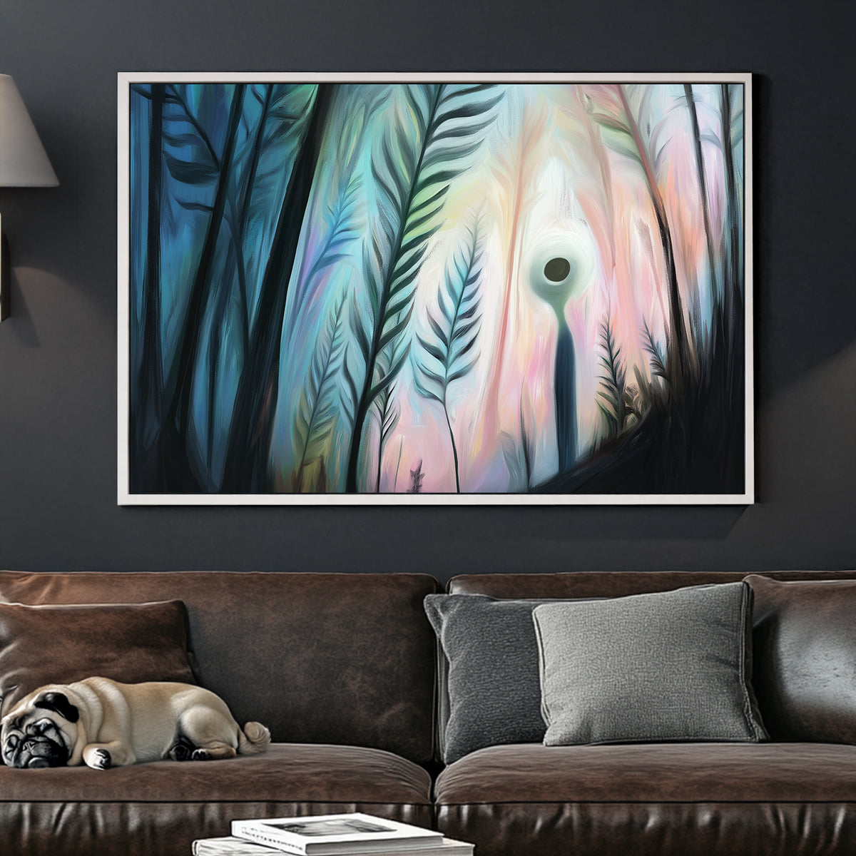 Dreamlike wall art of a glowing figure standing among tall abstract plants, with a mystical pastel-lit background.