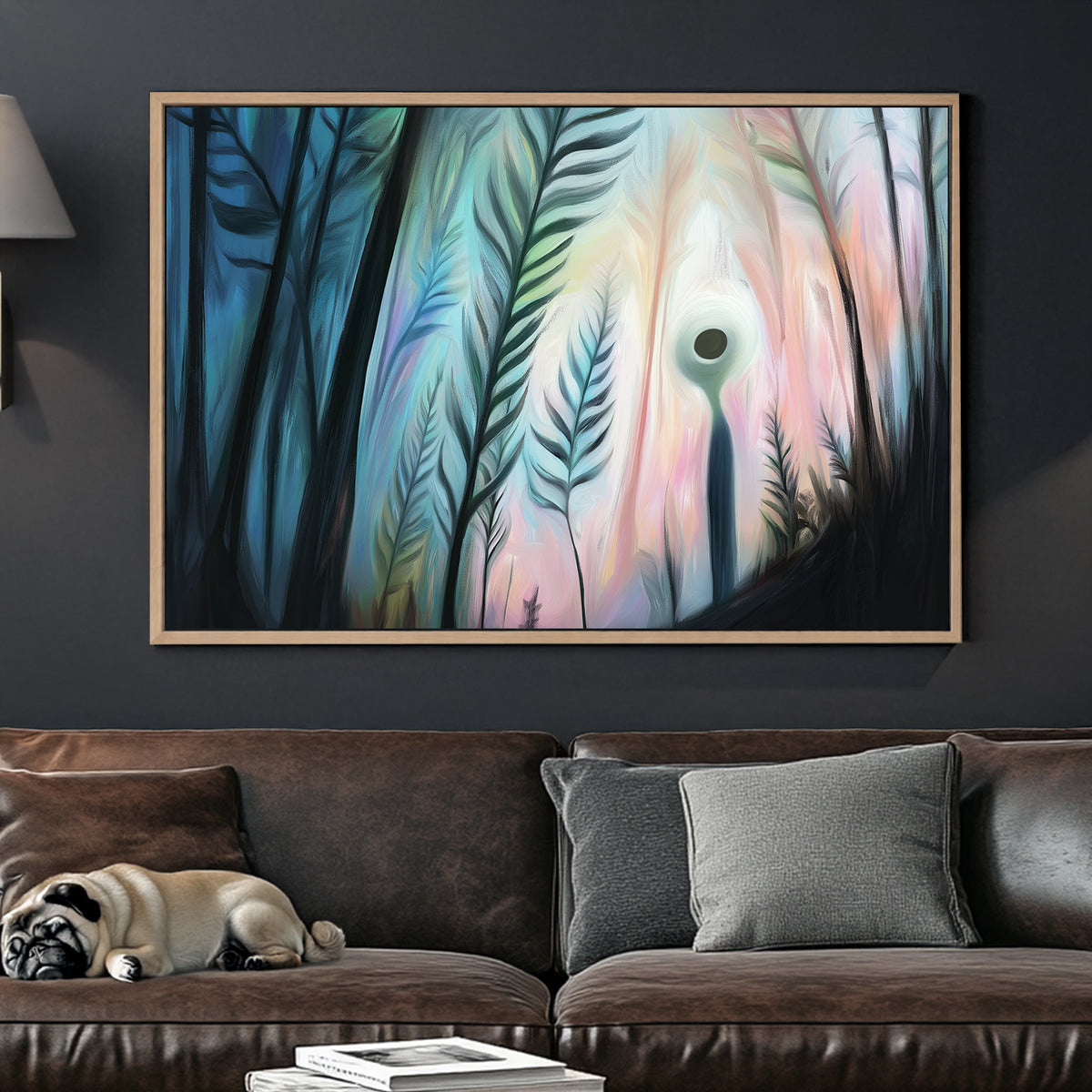 Dreamlike wall art of a glowing figure standing among tall abstract plants, with a mystical pastel-lit background.