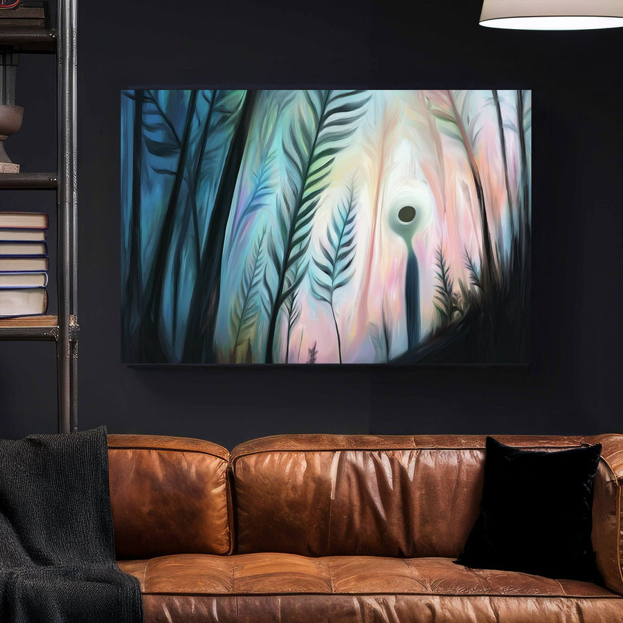 Dreamlike wall art of a glowing figure standing among tall abstract plants, with a mystical pastel-lit background.