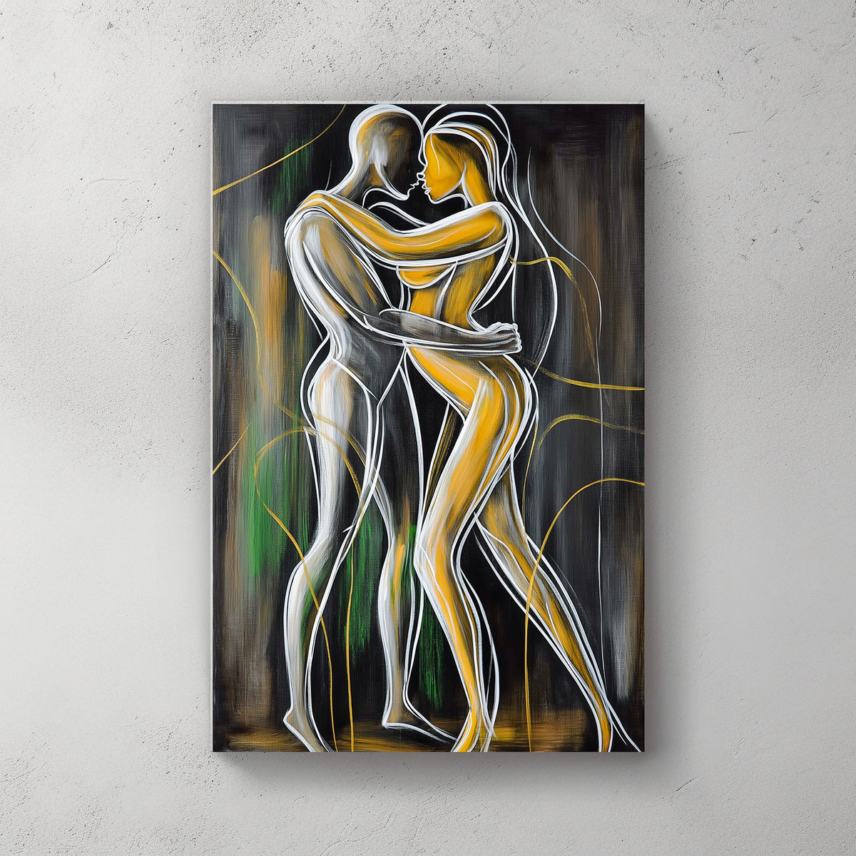 Abstract wall art of two intertwined figures in gold and white outlines against a dark background, symbolizing intimacy and connection.