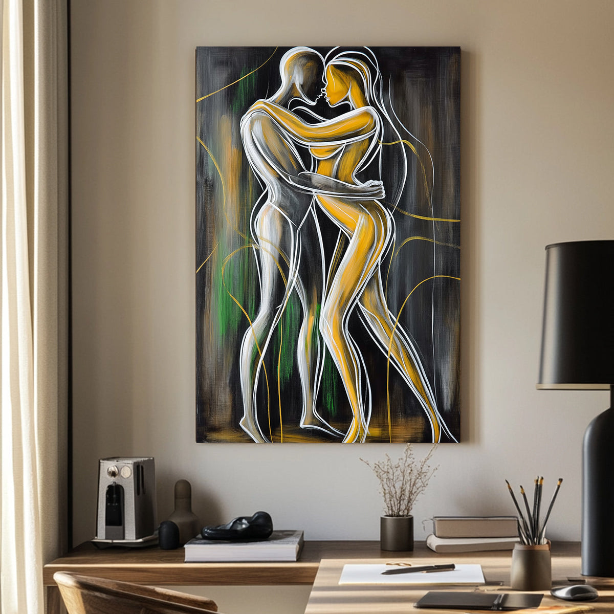 Abstract wall art of two intertwined figures in gold and white outlines against a dark background, symbolizing intimacy and connection.
