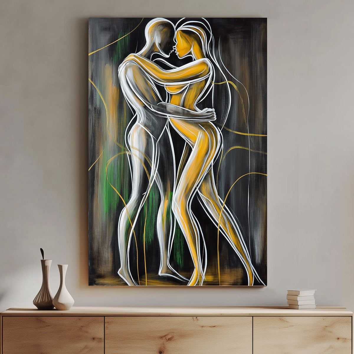 Abstract wall art of two intertwined figures in gold and white outlines against a dark background, symbolizing intimacy and connection.