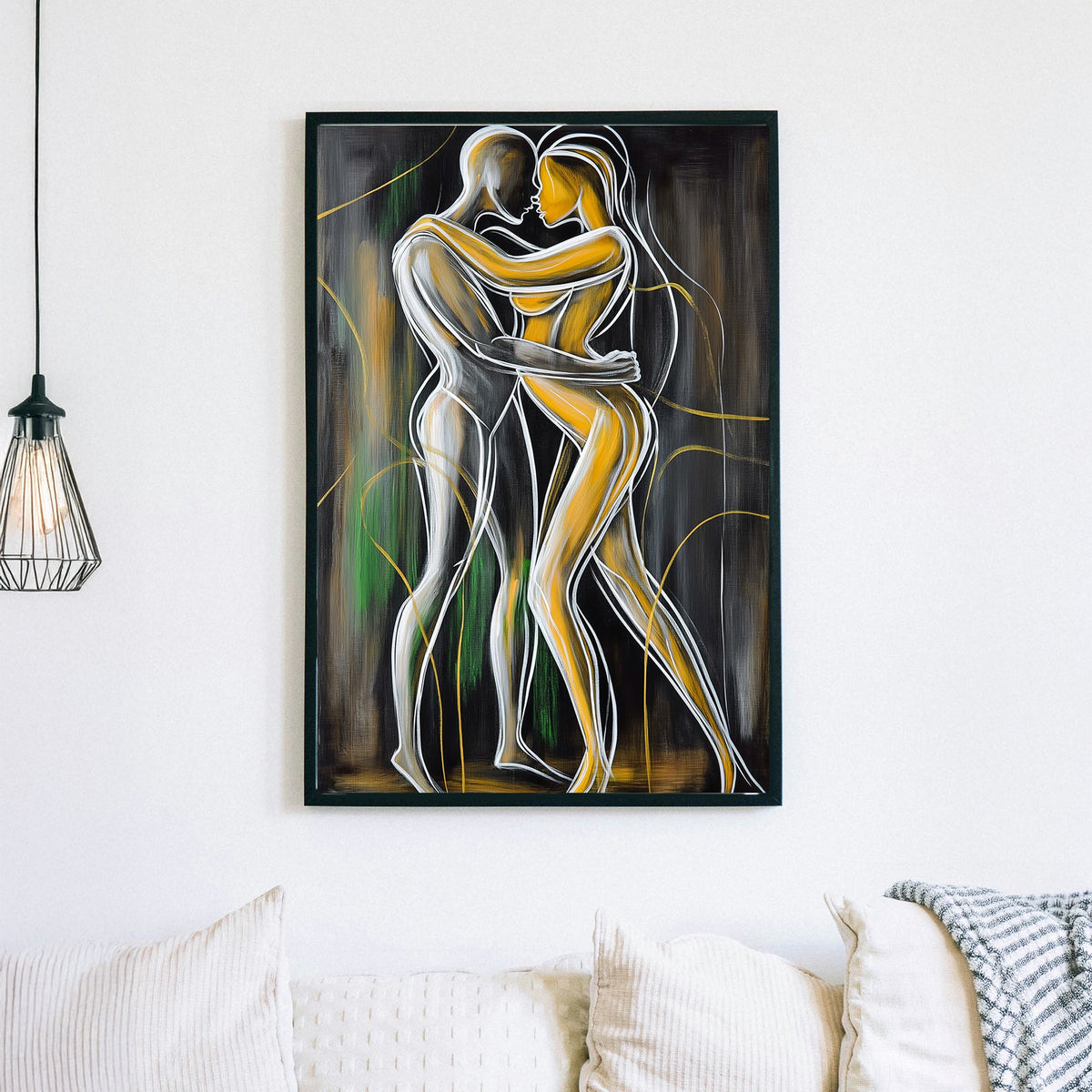 Abstract wall art of two intertwined figures in gold and white outlines against a dark background, symbolizing intimacy and connection.