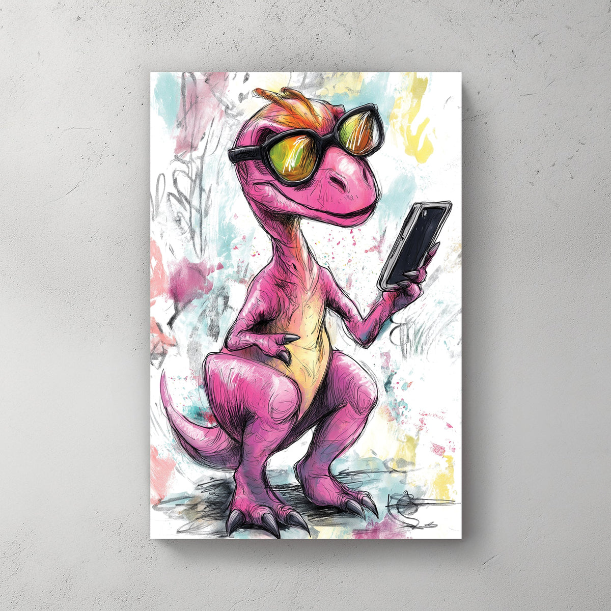 Sketch-style illustration of a pink raptor wearing sunglasses and holding a smartphone, with a colourful abstract background.