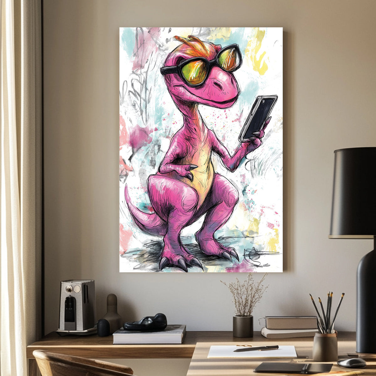 Sketch-style illustration of a pink raptor wearing sunglasses and holding a smartphone, with a colourful abstract background.