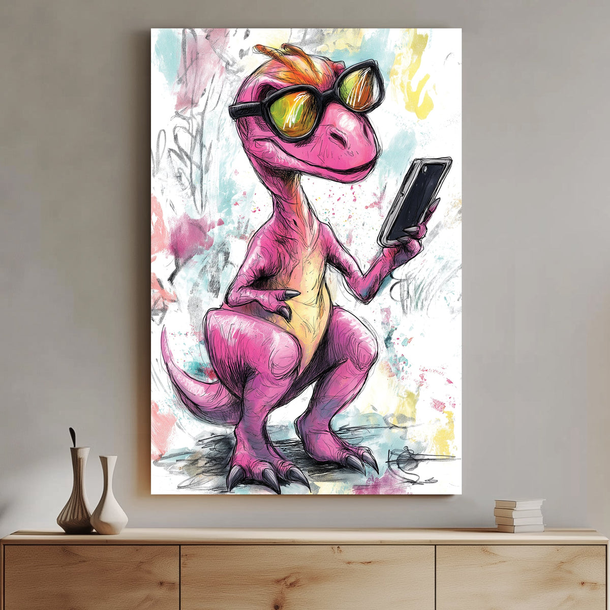 Sketch-style illustration of a pink raptor wearing sunglasses and holding a smartphone, with a colourful abstract background.