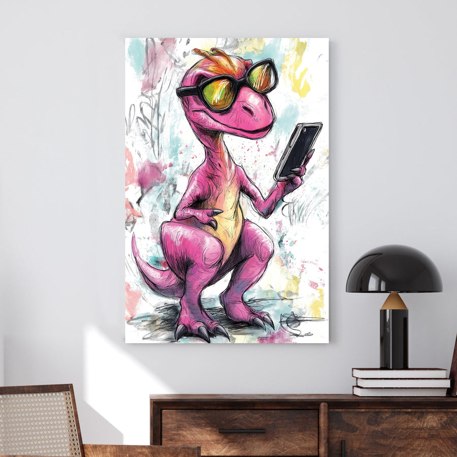 Sketch-style illustration of a pink raptor wearing sunglasses and holding a smartphone, with a colourful abstract background.