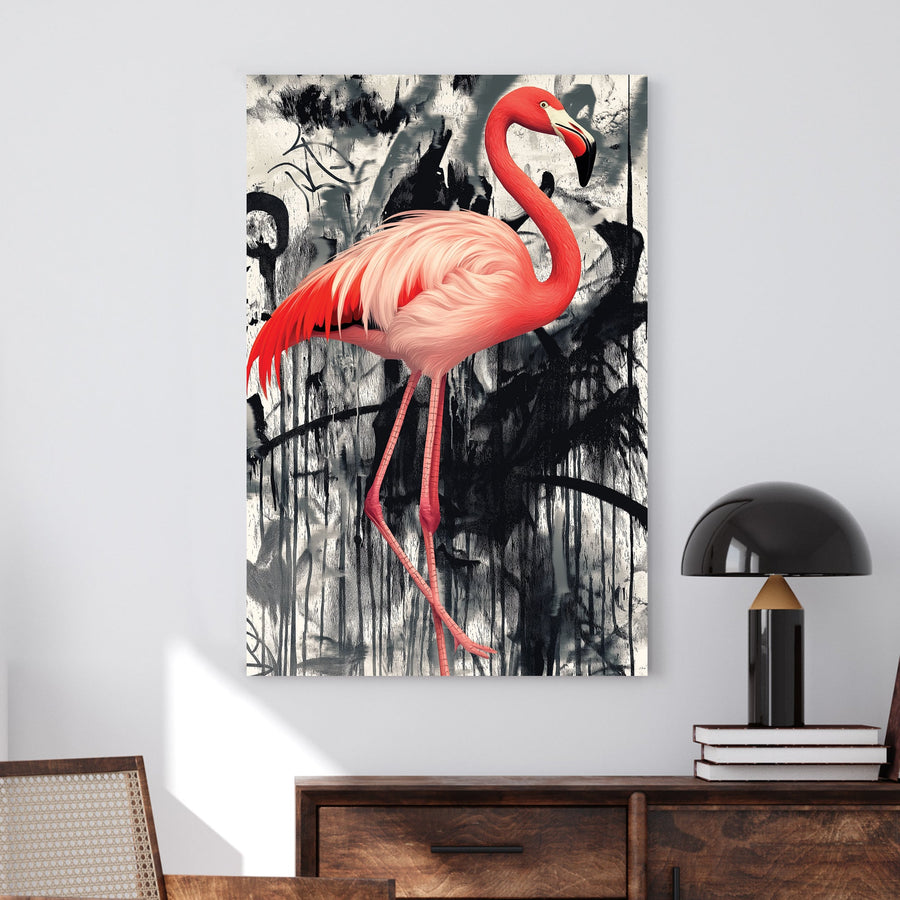 Digital artwork of a detailed pink flamingo against a black-and-white graffiti-style background with abstract drips and textures.