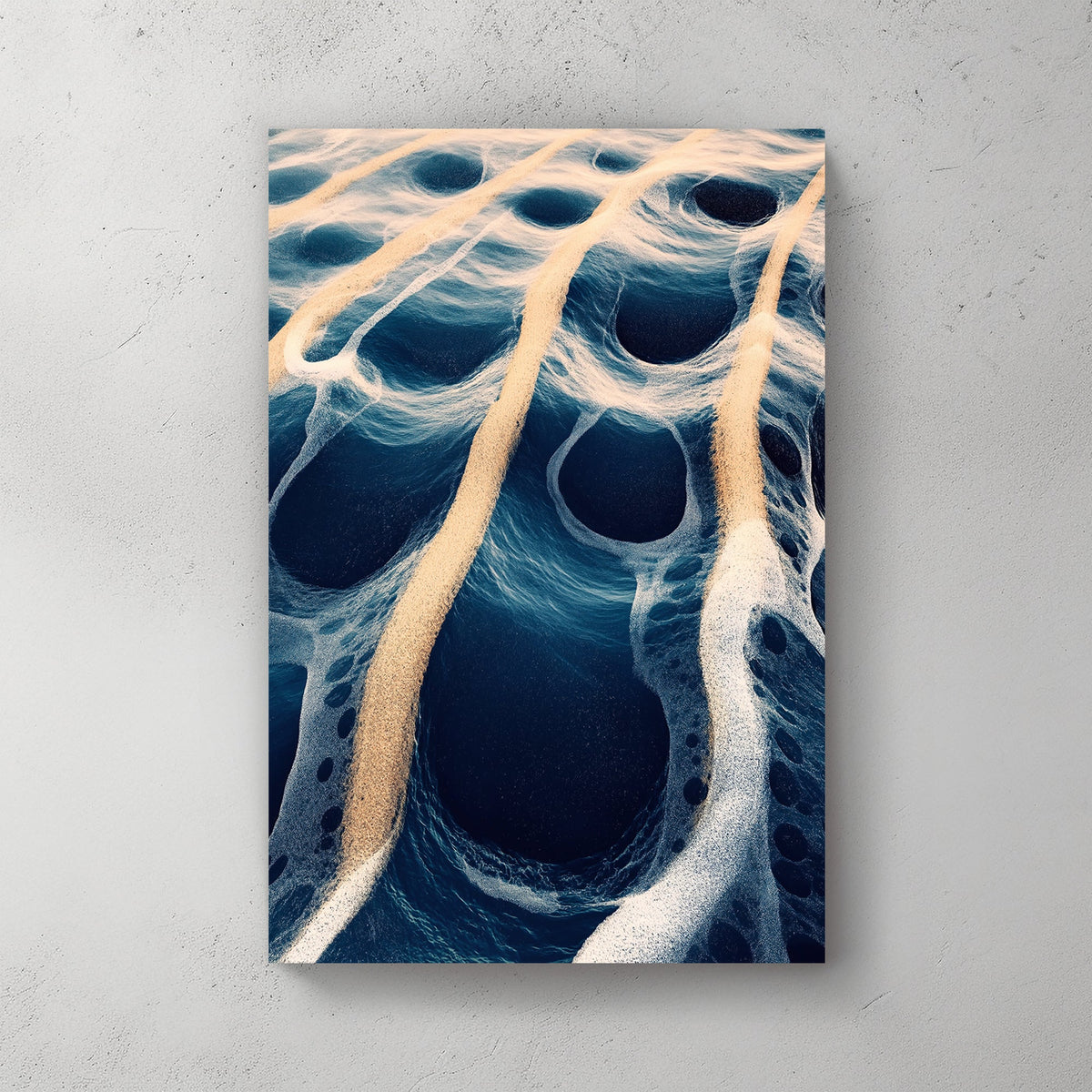 Abstract digital artwork of ocean waves and golden sand creating surreal, flowing patterns.