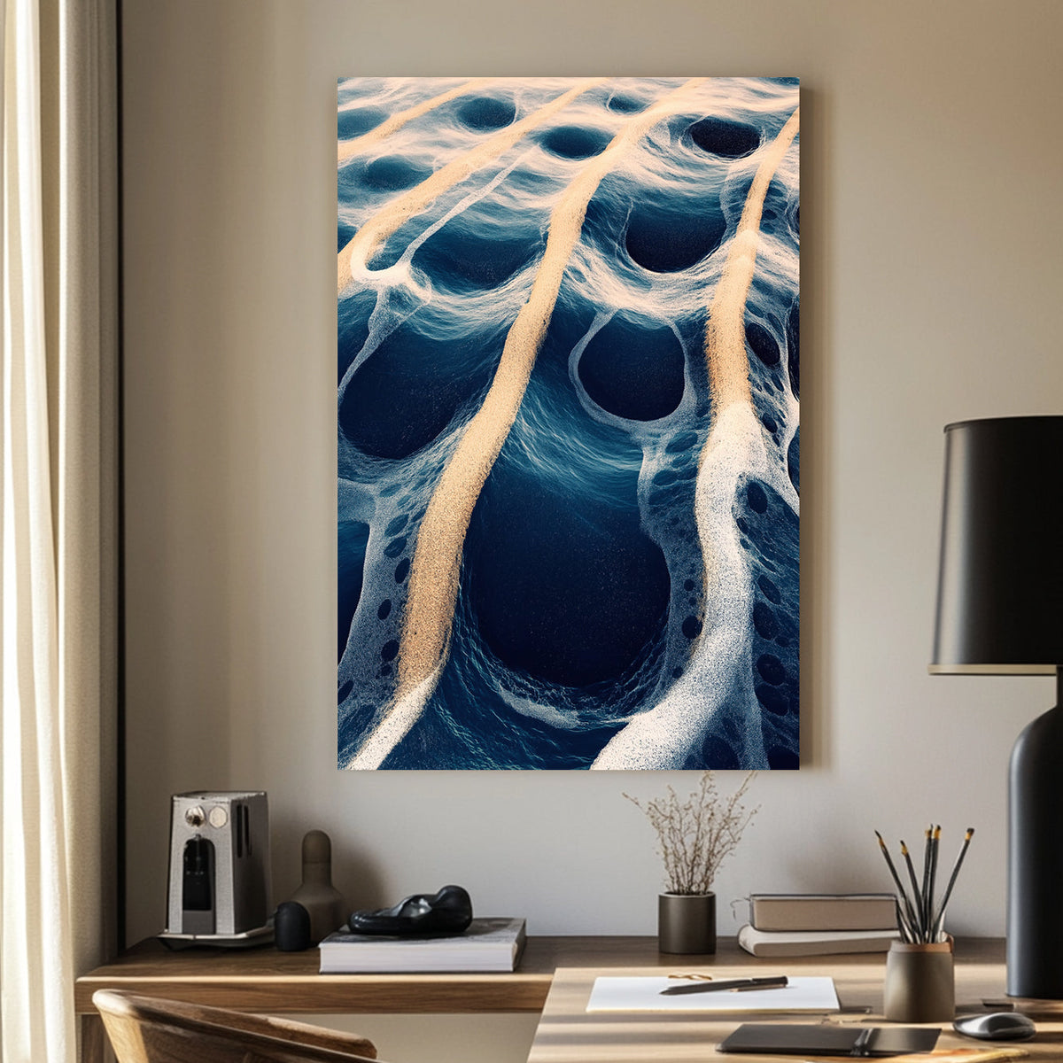 Abstract digital artwork of ocean waves and golden sand creating surreal, flowing patterns.