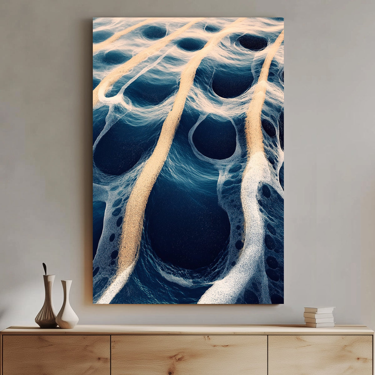 Abstract digital artwork of ocean waves and golden sand creating surreal, flowing patterns.