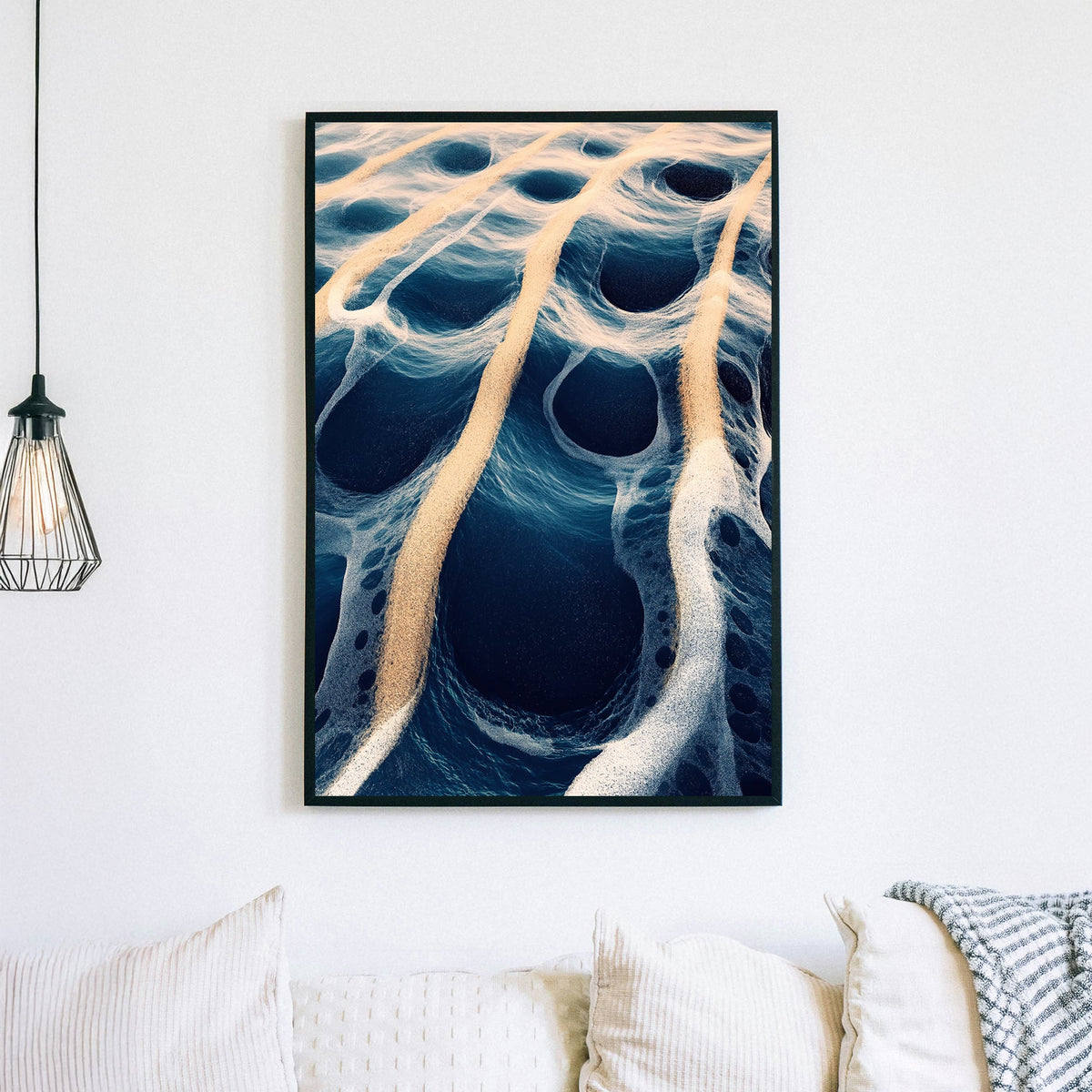 Abstract digital artwork of ocean waves and golden sand creating surreal, flowing patterns.