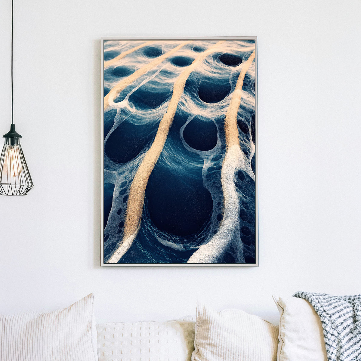 Abstract digital artwork of ocean waves and golden sand creating surreal, flowing patterns.