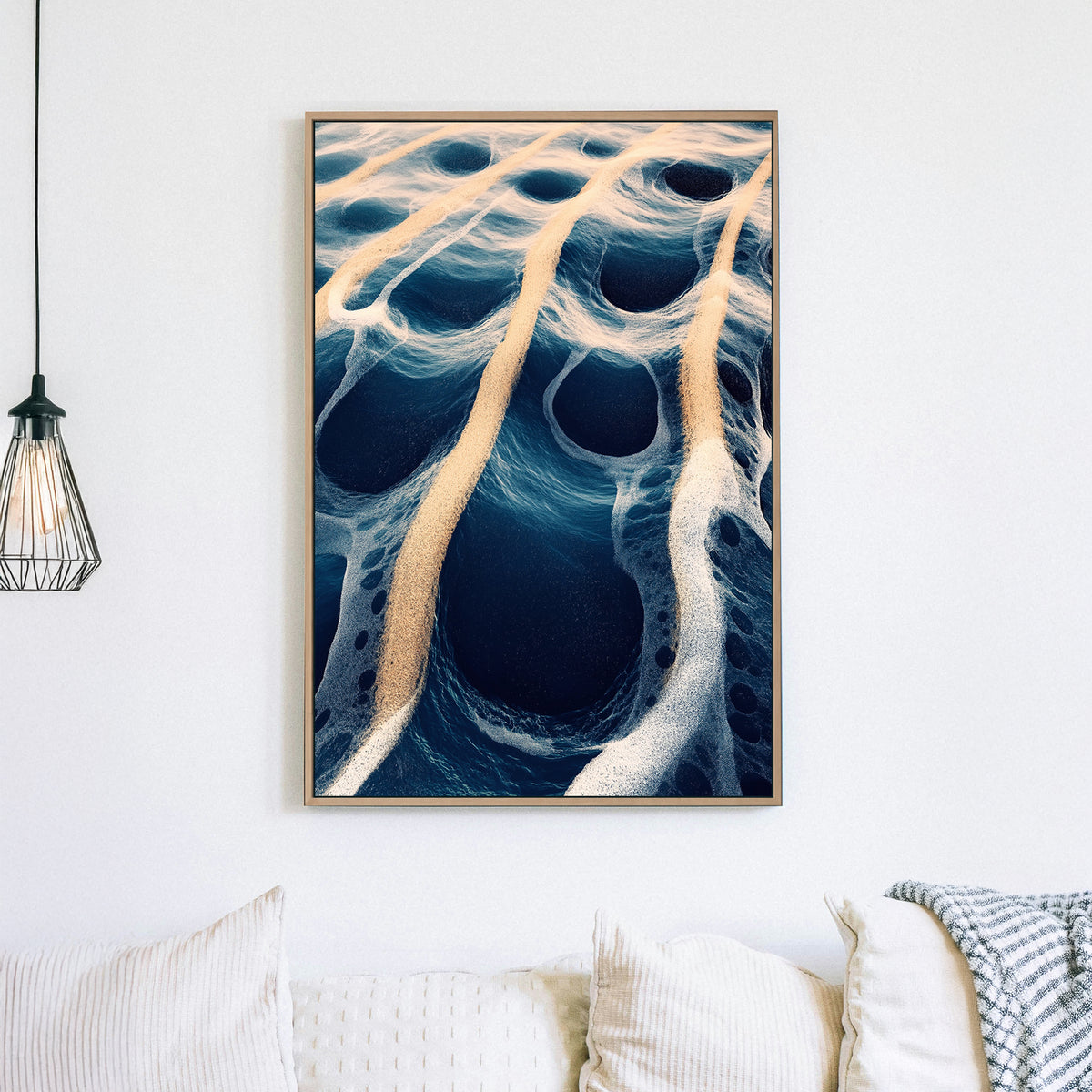 Abstract digital artwork of ocean waves and golden sand creating surreal, flowing patterns.