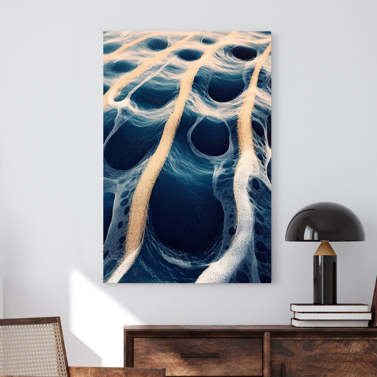Abstract digital artwork of ocean waves and golden sand creating surreal, flowing patterns.