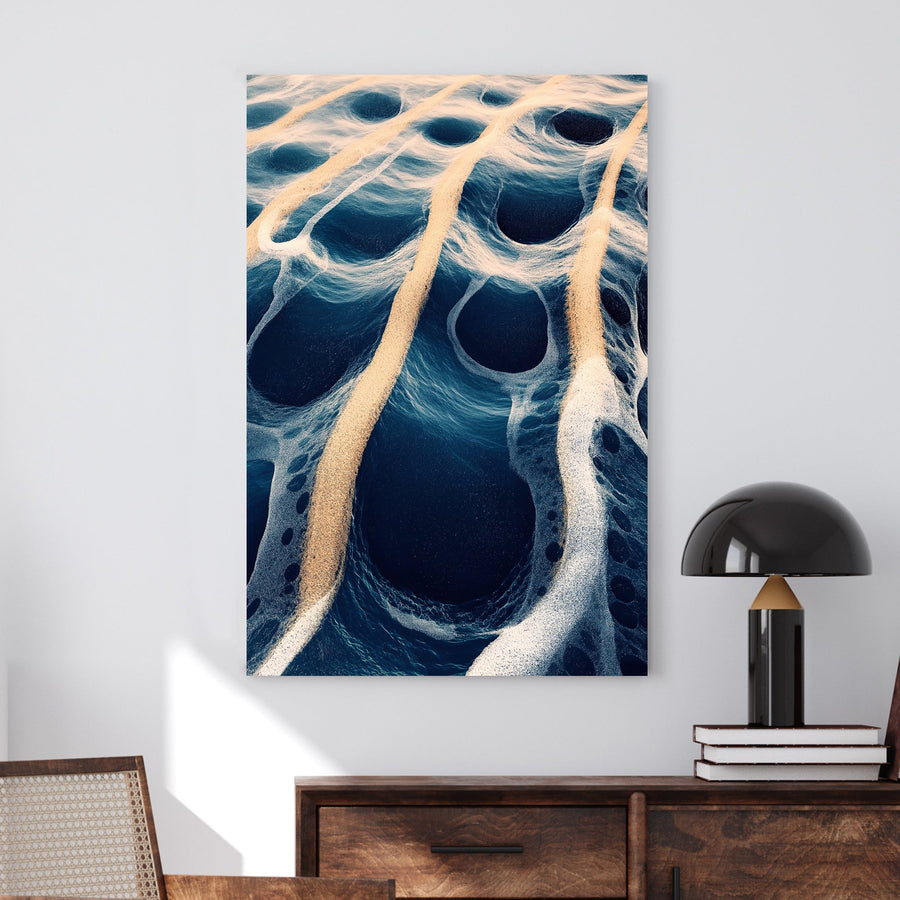 Abstract digital artwork of ocean waves and golden sand creating surreal, flowing patterns.
