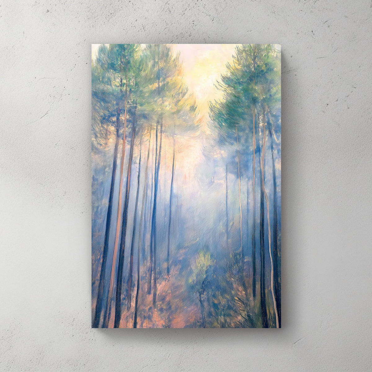 Impressionistic wall art of a misty forest with tall pines bathed in soft morning light.