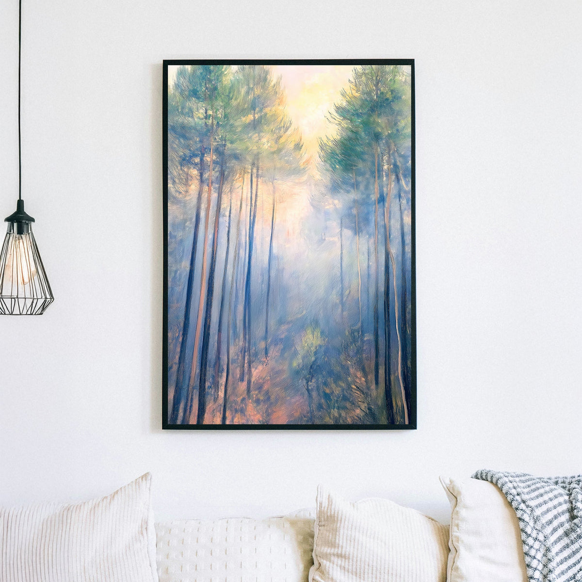 Impressionistic wall art of a misty forest with tall pines bathed in soft morning light.