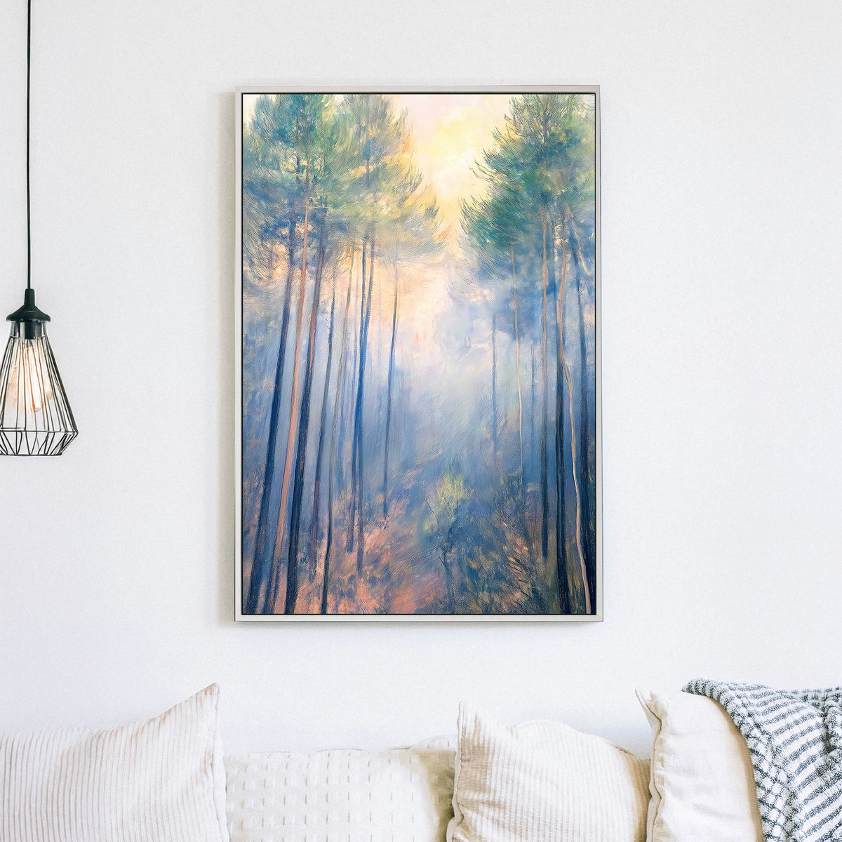 Impressionistic wall art of a misty forest with tall pines bathed in soft morning light.