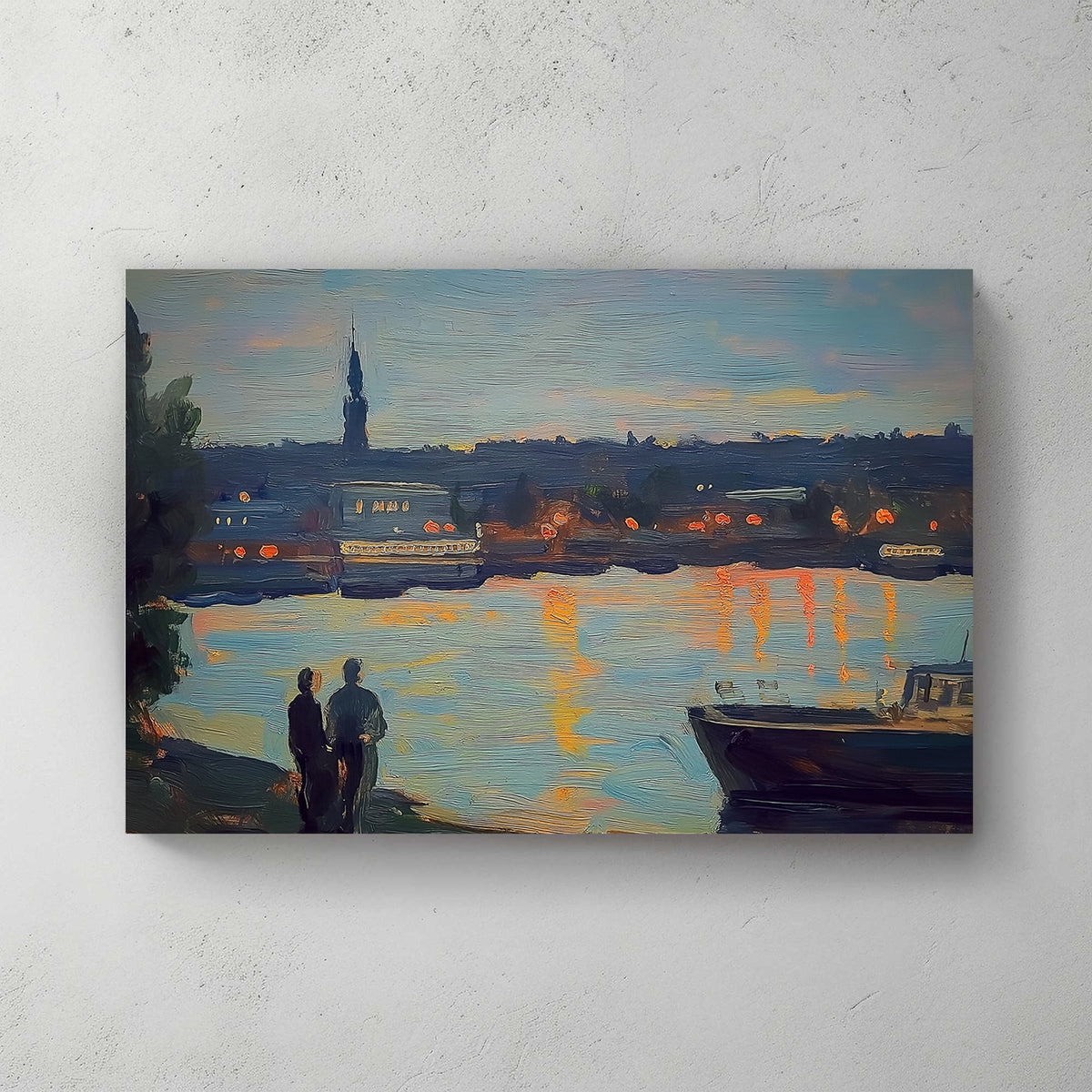 Impressionist wall art of a riverside cityscape at twilight, with warm lights reflecting on the water.