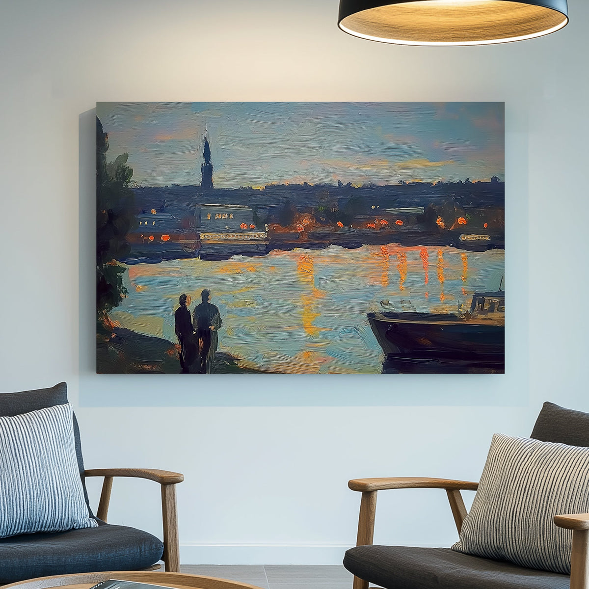 Impressionist wall art of a riverside cityscape at twilight, with warm lights reflecting on the water.