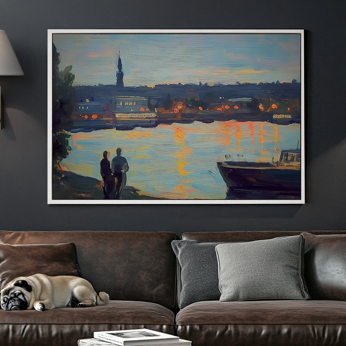 Impressionist wall art of a riverside cityscape at twilight, with warm lights reflecting on the water.