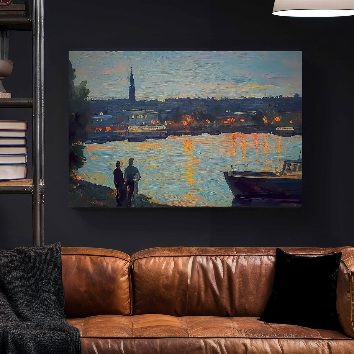 Impressionist wall art of a riverside cityscape at twilight, with warm lights reflecting on the water.