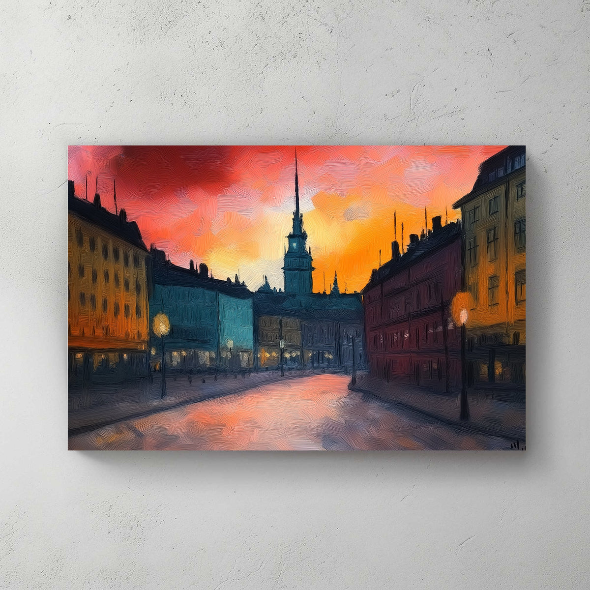 Impressionist wall art of a European city at sunset with glowing streetlights and a warm, textured sky.