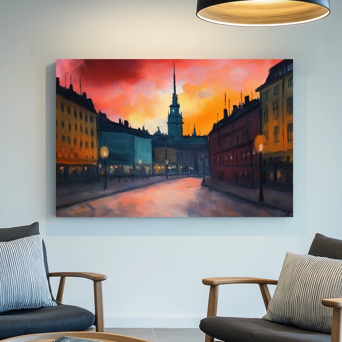 Impressionist wall art of a European city at sunset with glowing streetlights and a warm, textured sky.