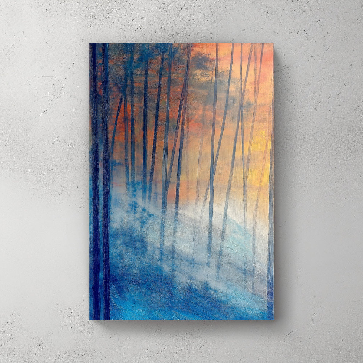 Abstract impressionist wall art of a misty twilight forest with deep blues and glowing sunset hues.