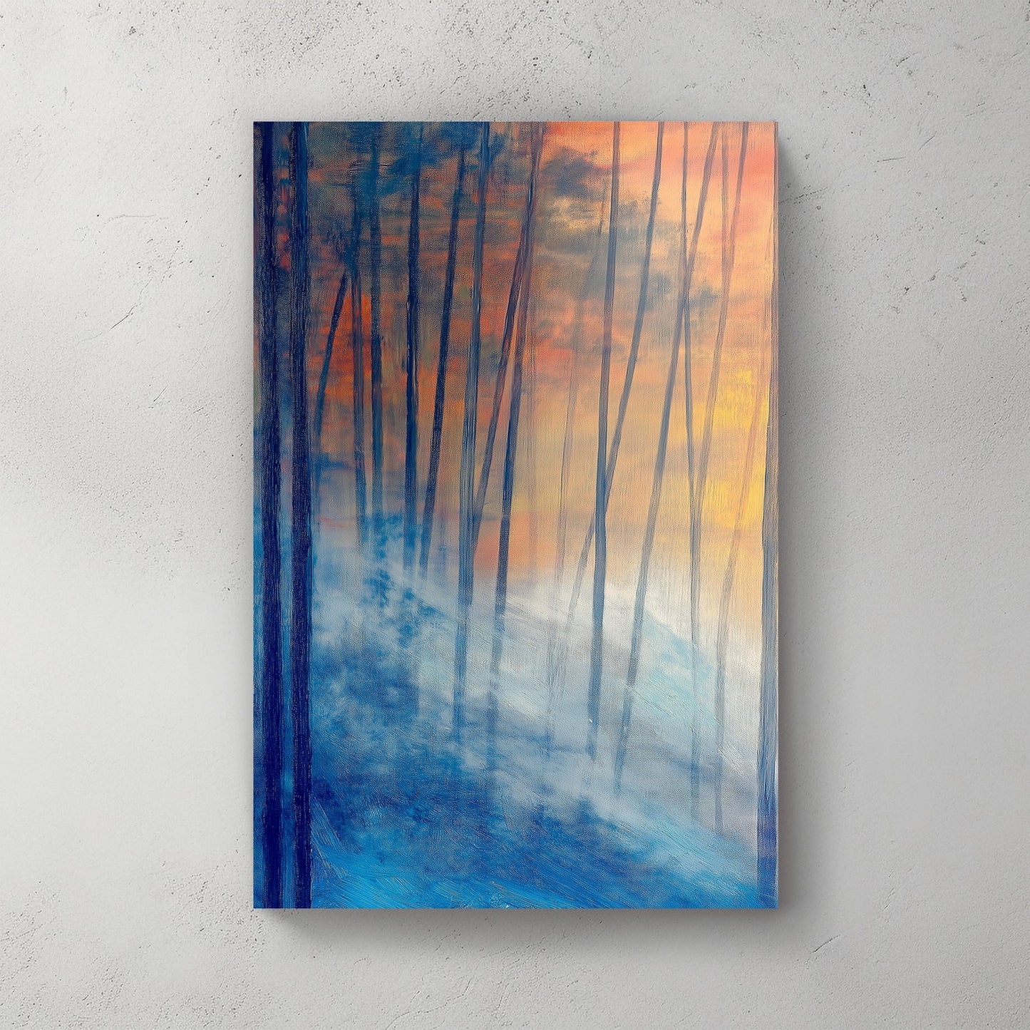 Abstract impressionist wall art of a misty twilight forest with deep blues and glowing sunset hues.