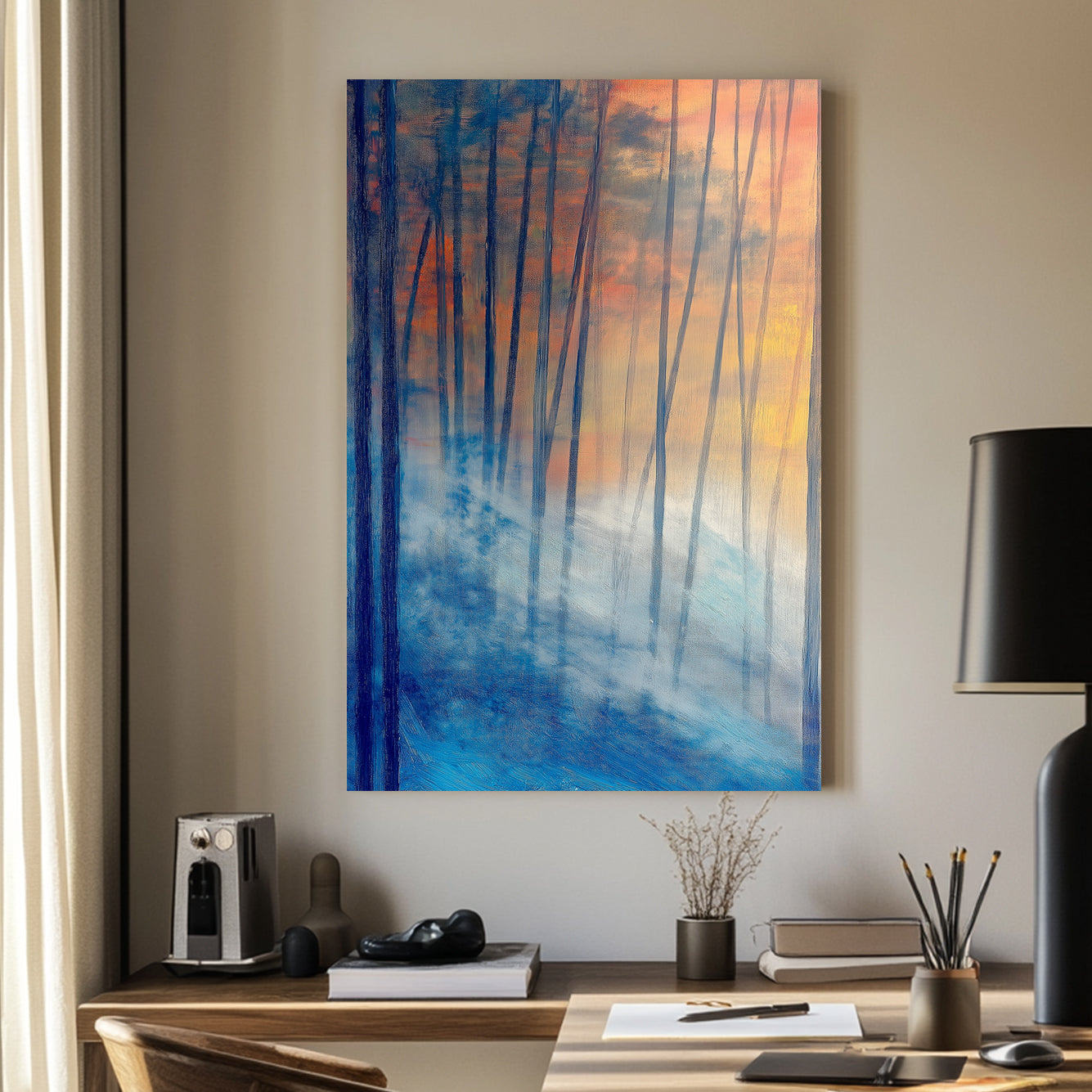 Abstract impressionist wall art of a misty twilight forest with deep blues and glowing sunset hues.