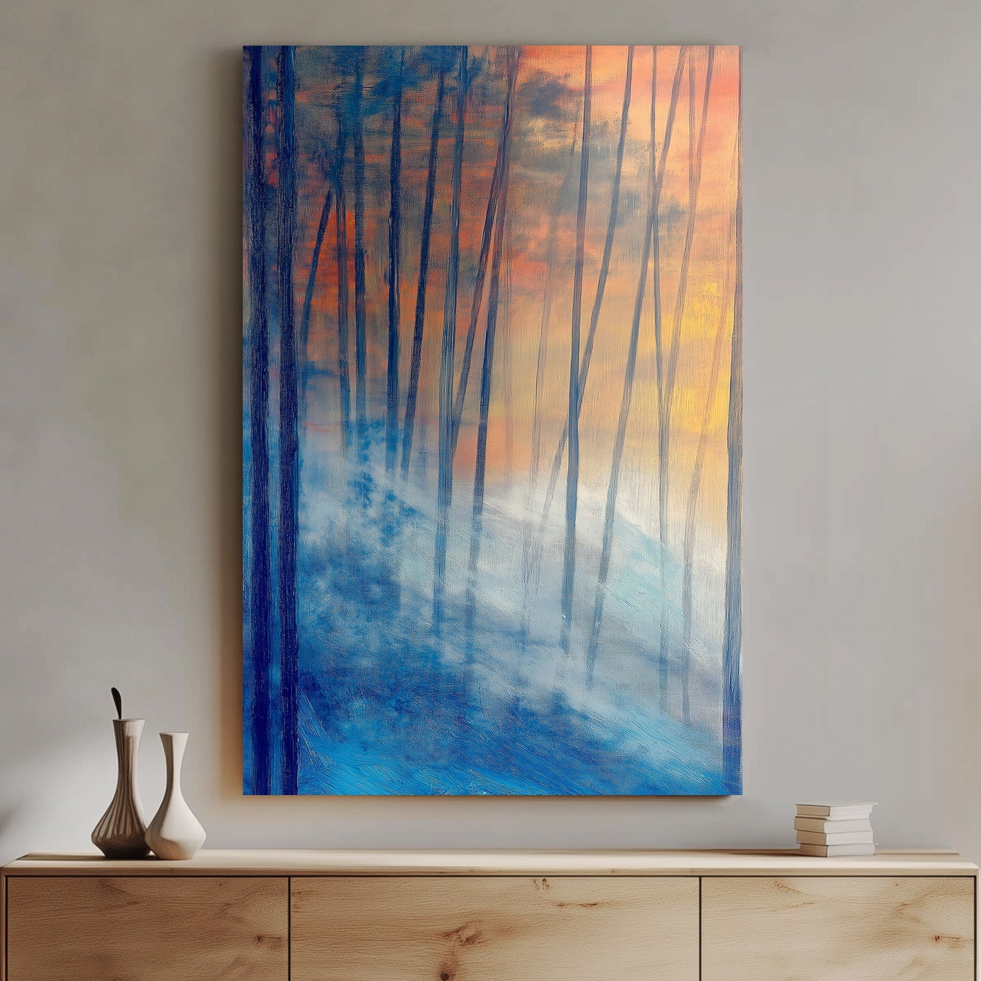 Abstract impressionist wall art of a misty twilight forest with deep blues and glowing sunset hues.