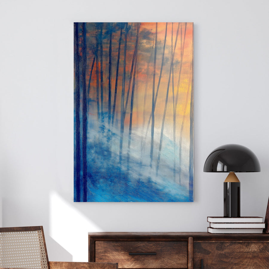 Abstract impressionist wall art of a misty twilight forest with deep blues and glowing sunset hues.