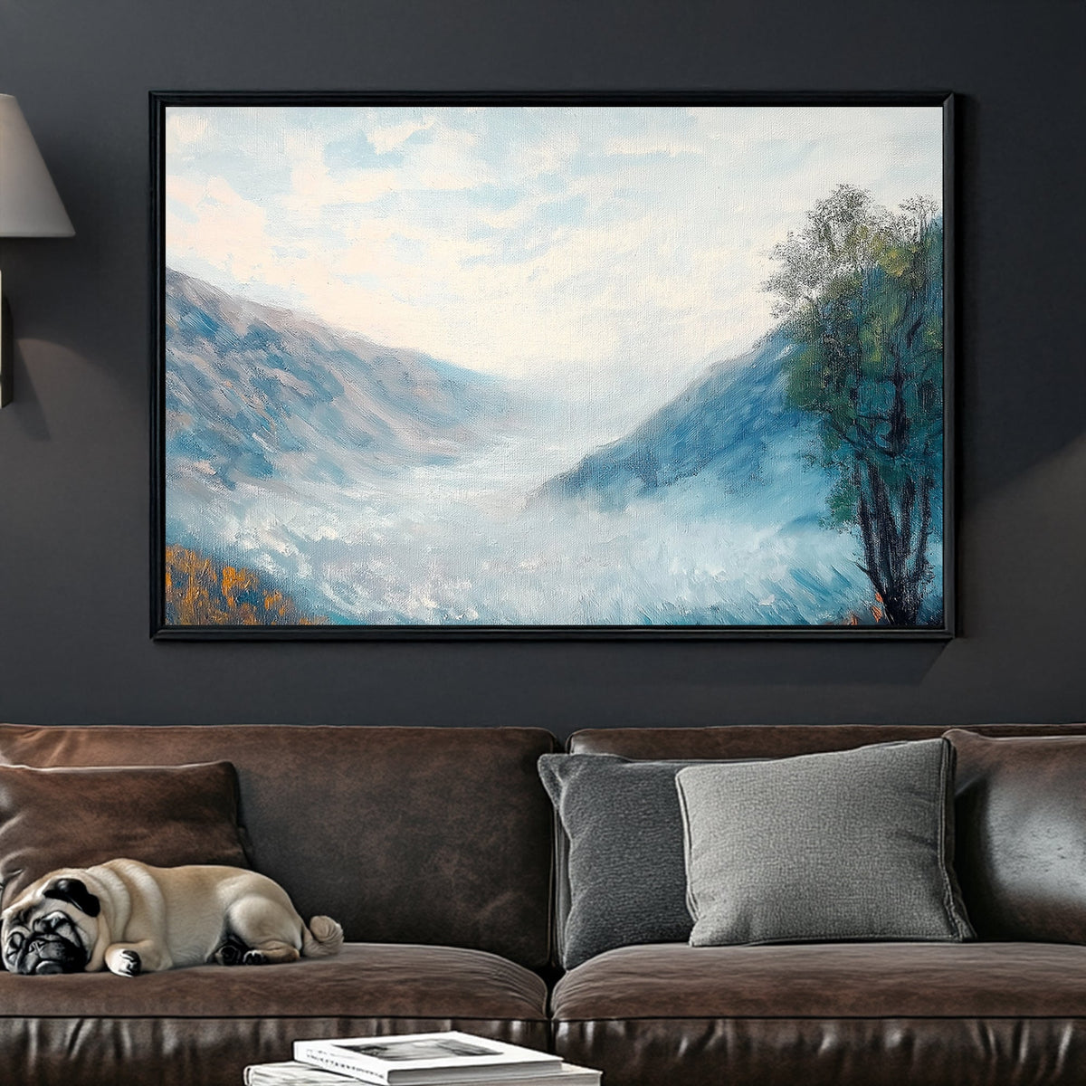 Impressionist wall art of a misty mountain valley with soft blue hues, rolling fog, and a lone autumn tree.