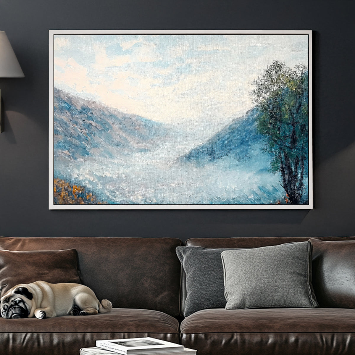 Impressionist wall art of a misty mountain valley with soft blue hues, rolling fog, and a lone autumn tree.