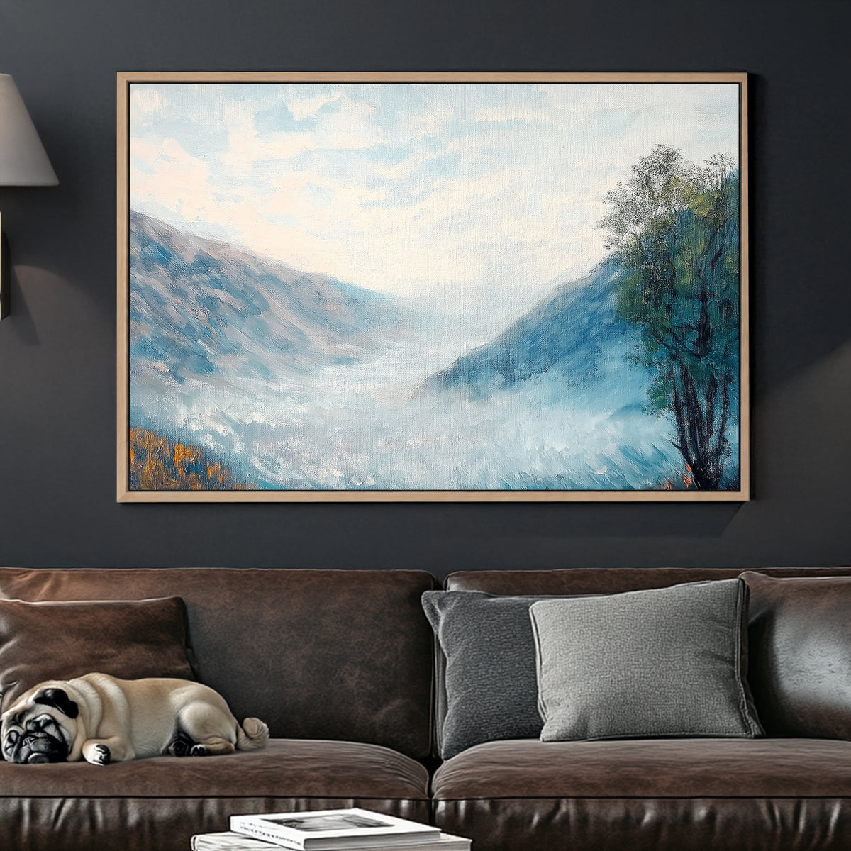 Impressionist wall art of a misty mountain valley with soft blue hues, rolling fog, and a lone autumn tree.