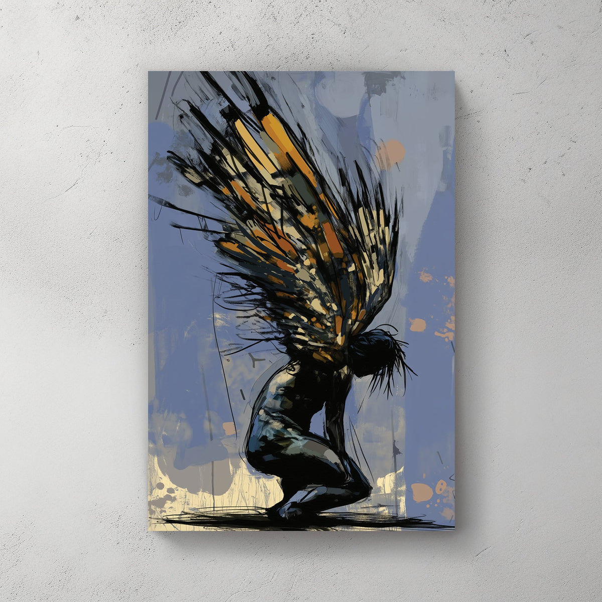 Abstract expressionist wall art of a kneeling figure with fragmented wings in dark and gold tones, symbolizing struggle and transformation.