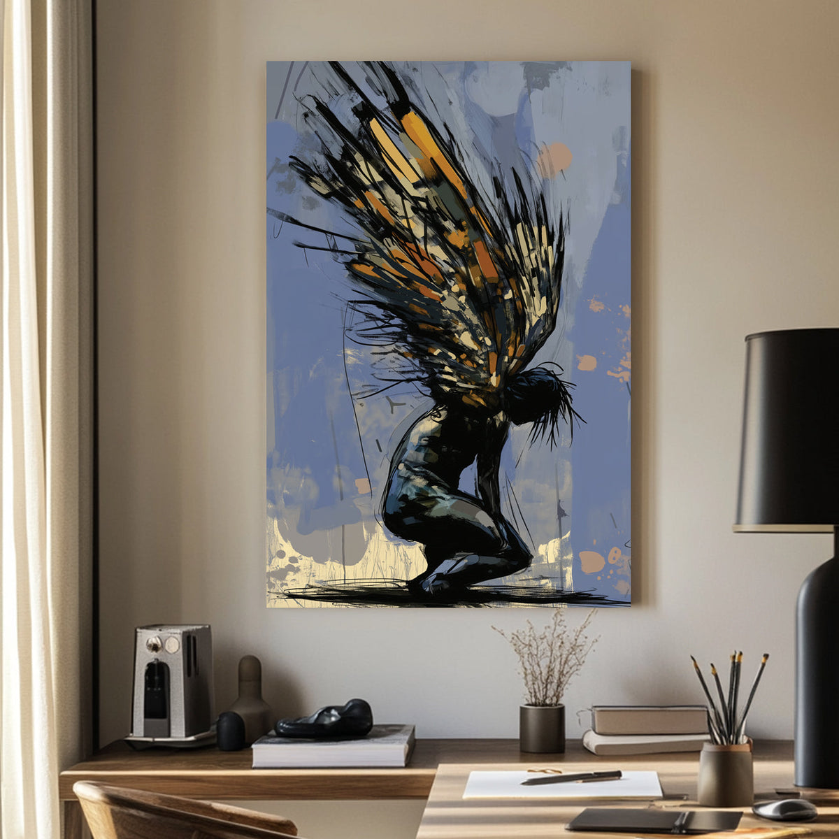 Abstract expressionist wall art of a kneeling figure with fragmented wings in dark and gold tones, symbolizing struggle and transformation.
