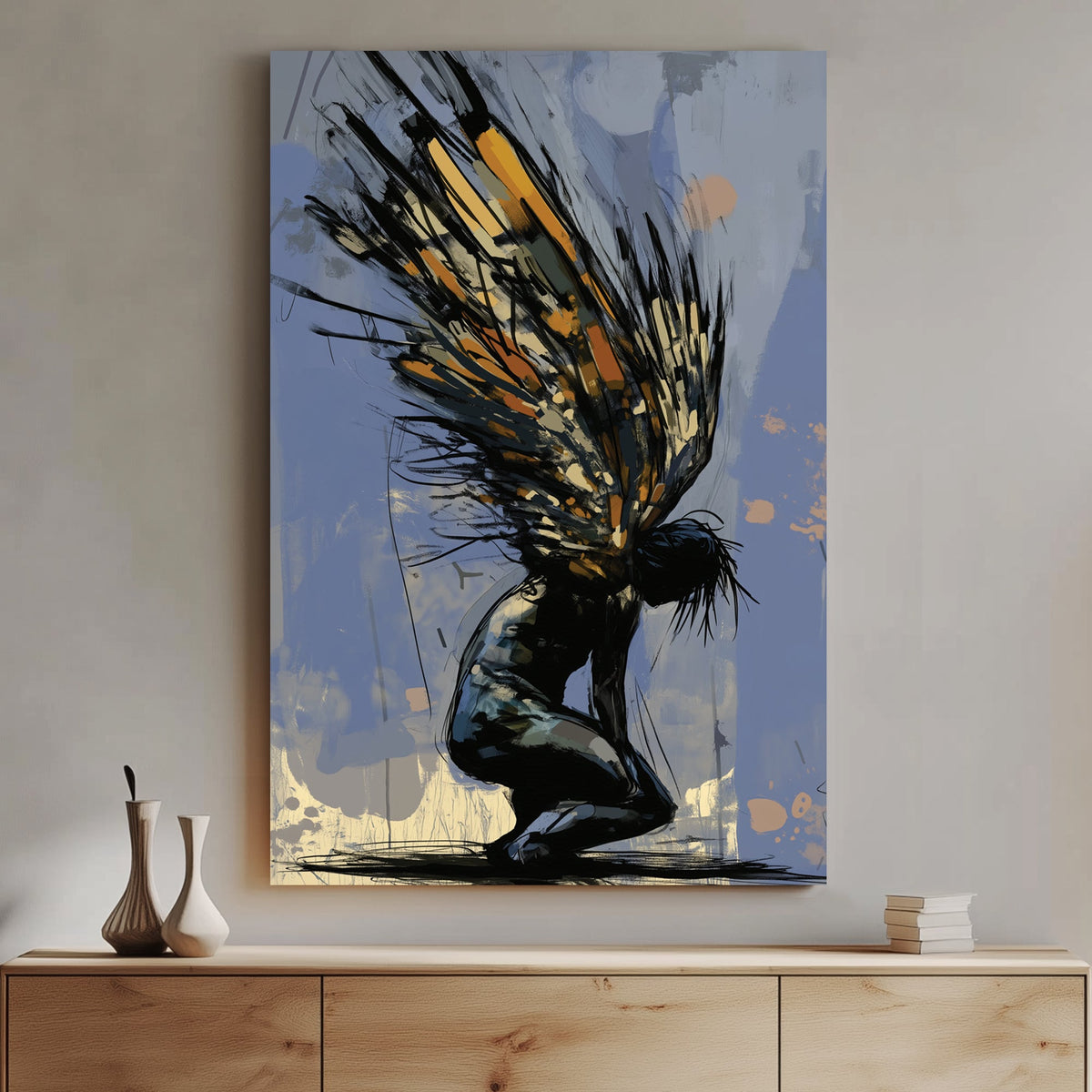 Abstract expressionist wall art of a kneeling figure with fragmented wings in dark and gold tones, symbolizing struggle and transformation.