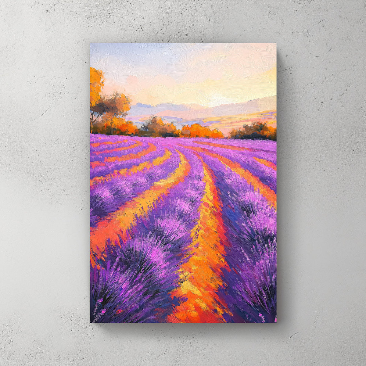 Impressionist wall art of a lavender field at sunset with vibrant purple and orange hues, evoking a dreamy summer landscape.