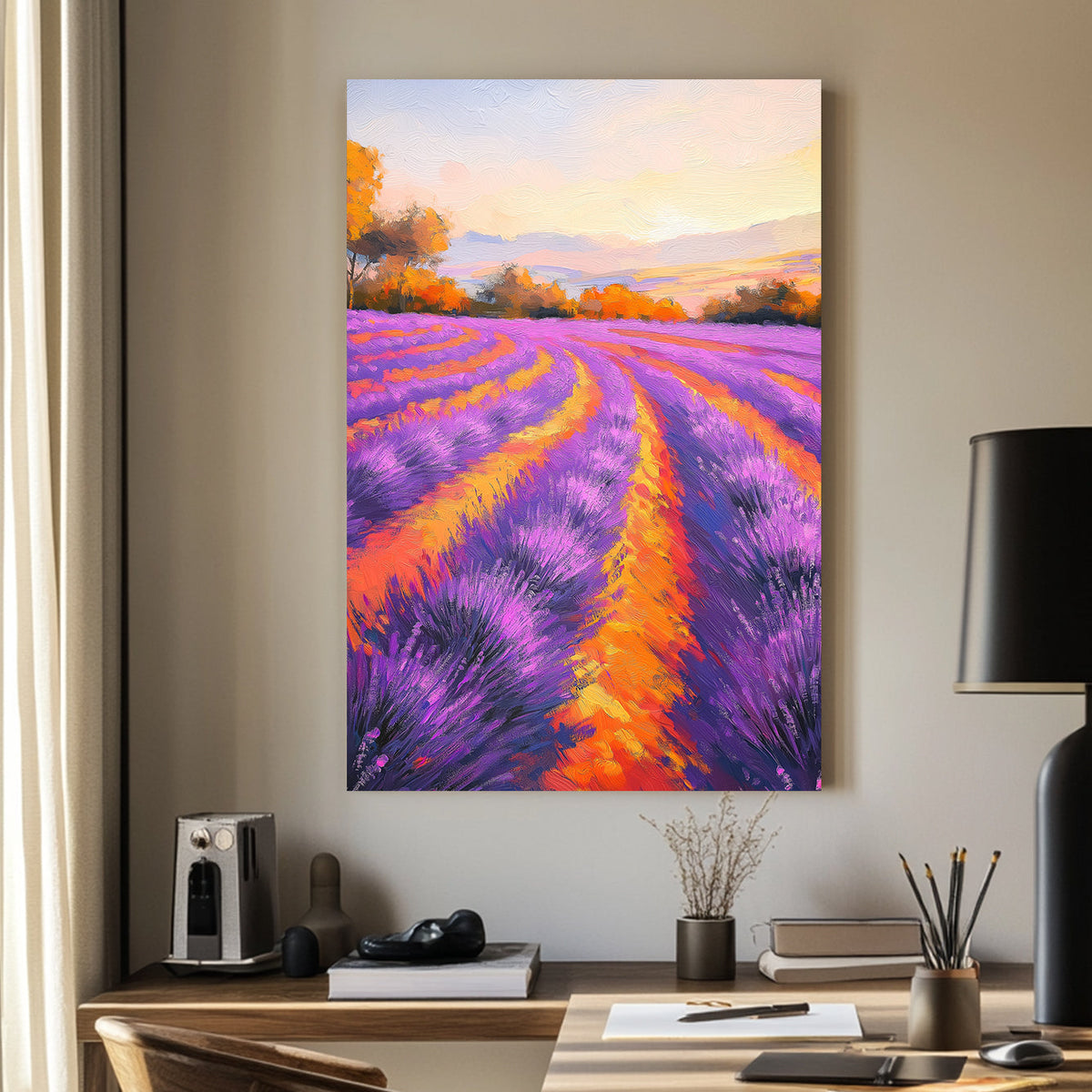Impressionist wall art of a lavender field at sunset with vibrant purple and orange hues, evoking a dreamy summer landscape.