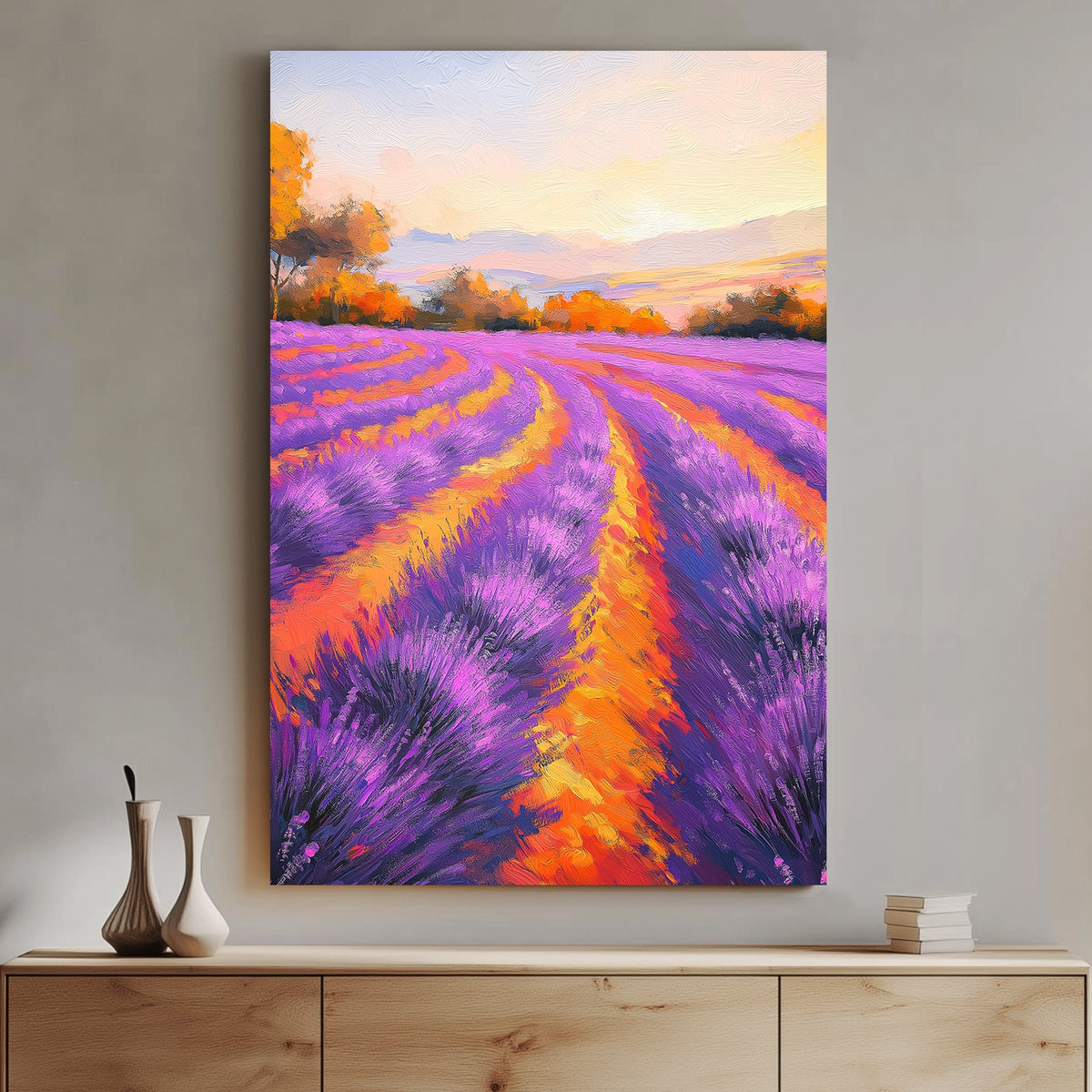 Impressionist wall art of a lavender field at sunset with vibrant purple and orange hues, evoking a dreamy summer landscape.