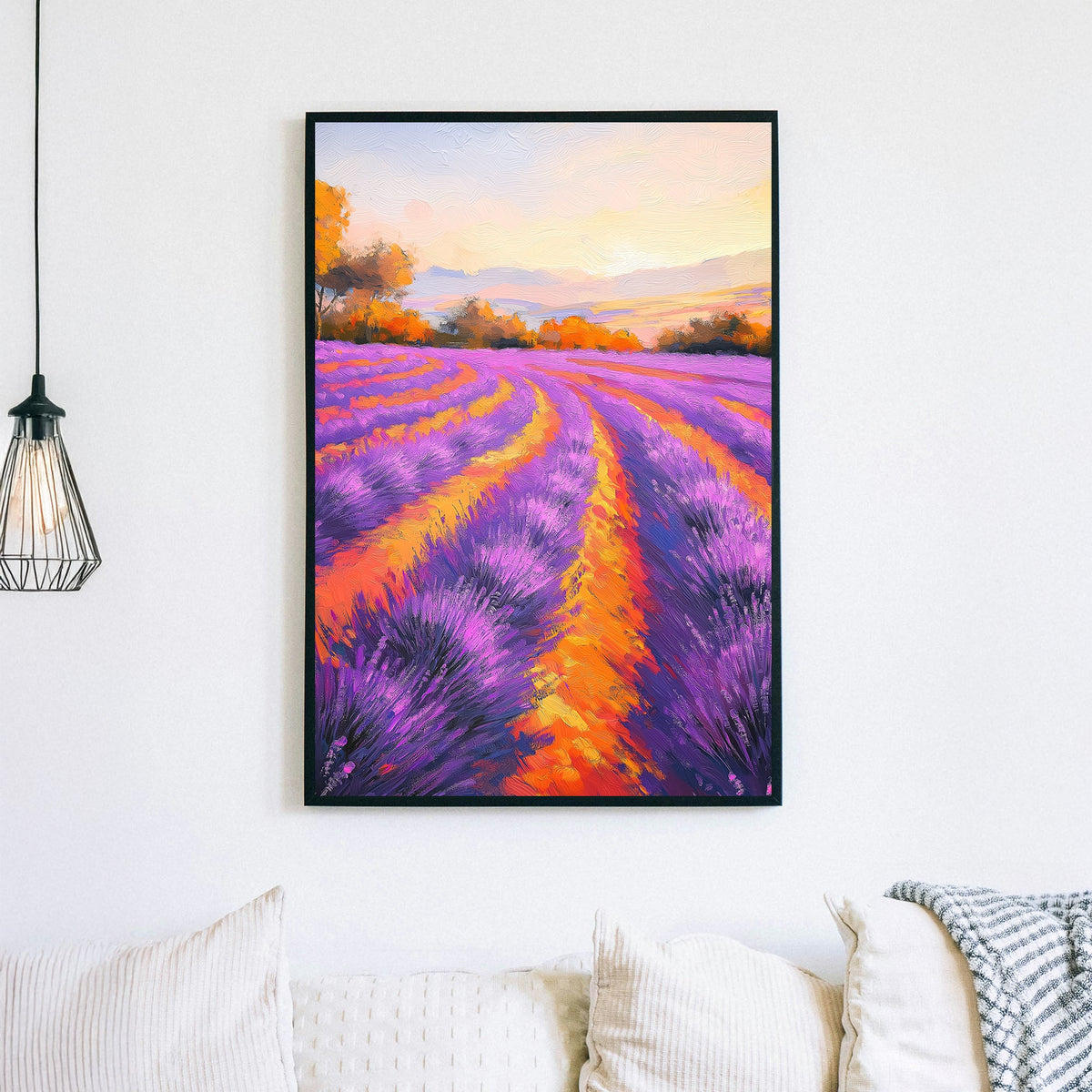 Impressionist wall art of a lavender field at sunset with vibrant purple and orange hues, evoking a dreamy summer landscape.